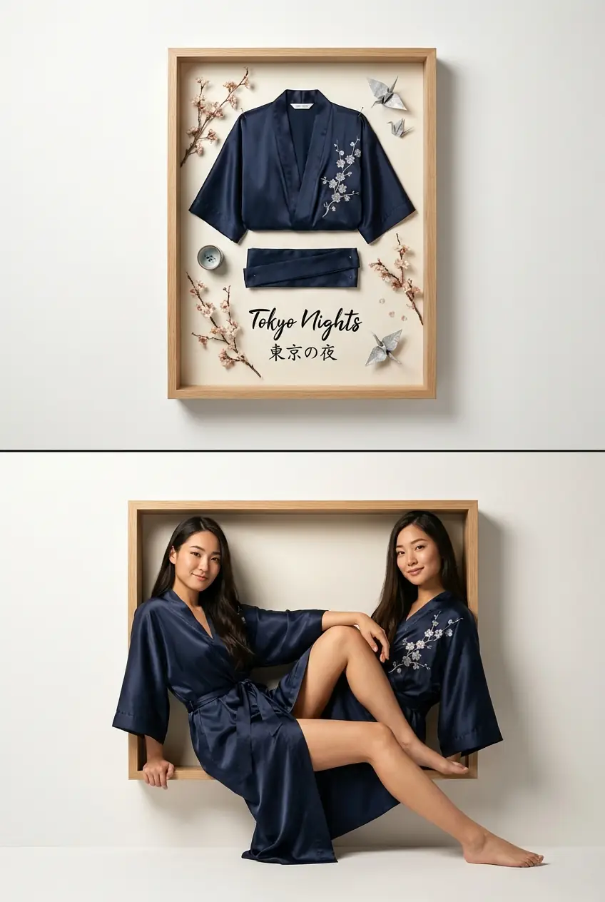패션 디스플레이 스플릿 스크린: 섀도 박스 플랫레이 의상과 3D 착시 모델 사진 출력