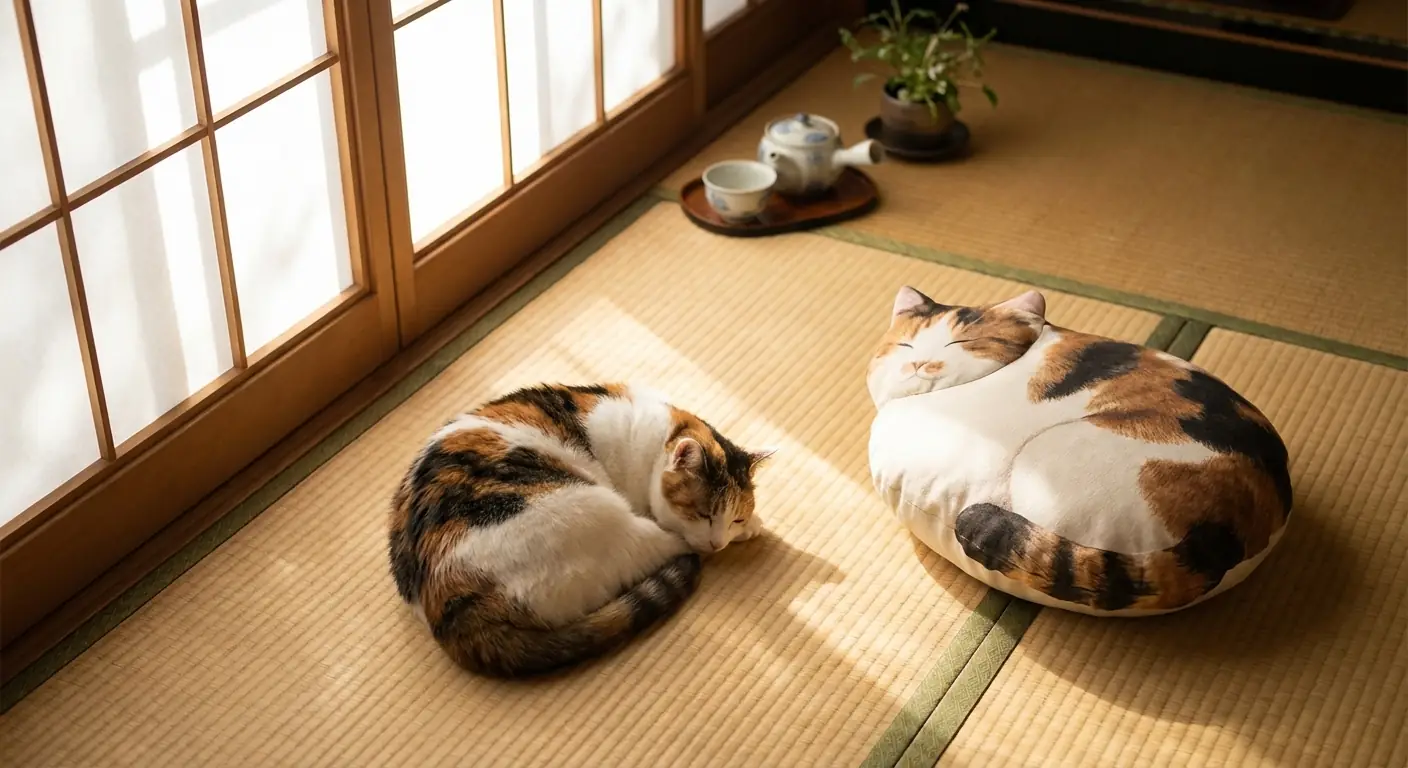 고양이 모양 자부톤 방석 옆에 누운 통통한 Japanese Bobtail Cat 출력