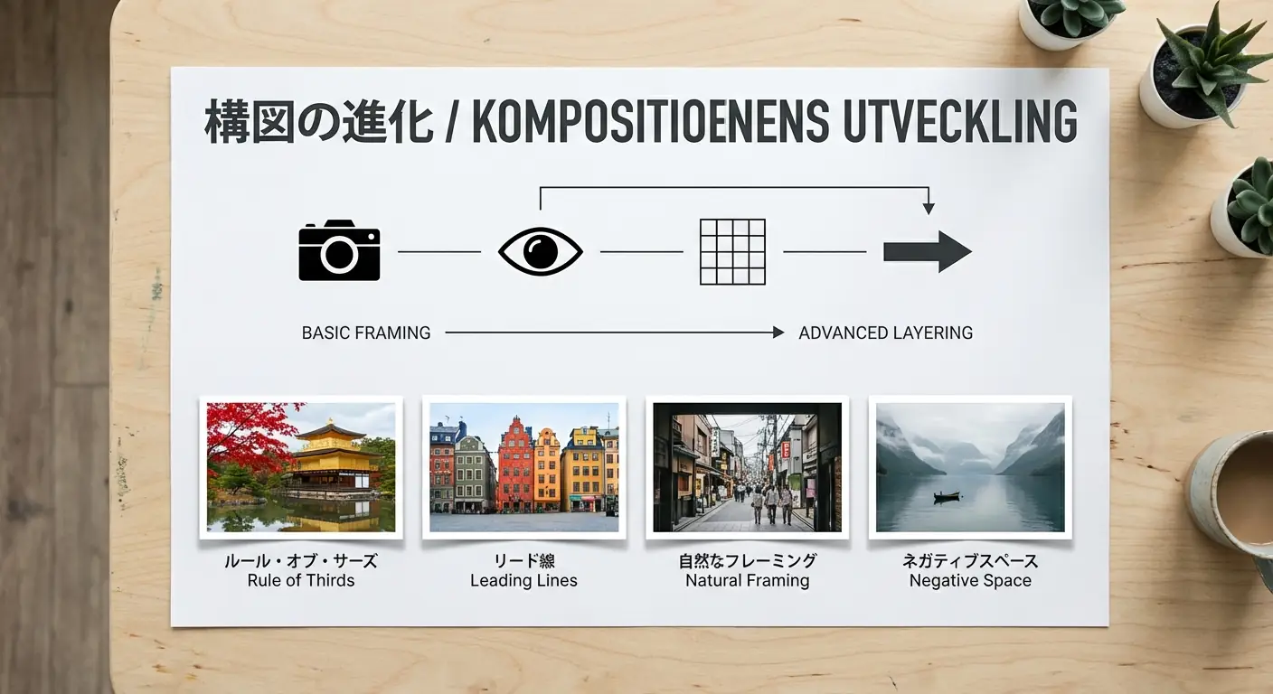 Infografía Educativa de Composición Fotográfica con Estéticas de Diseño Japonés y Nórdico Salida