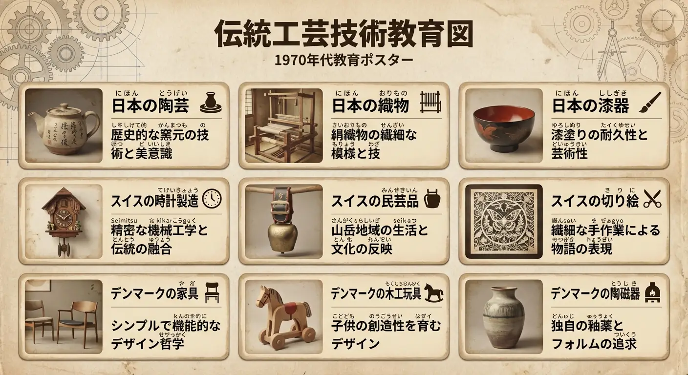 Gráfico Educativo Vintage de los Años 70: Guía Técnica de Estilo Ingeniería Japonesa-Alemana Salida