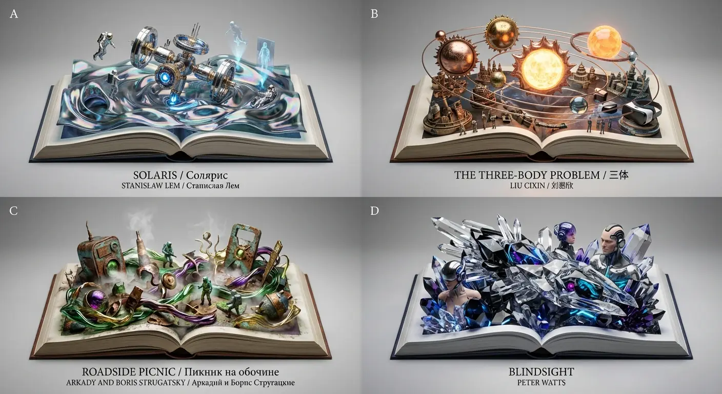 Ciencia Ficción Internacional en Cuadrícula 2x2: Dioramas de Libros con Esculturas Cinéticas de Autores No Estadounidenses Salida