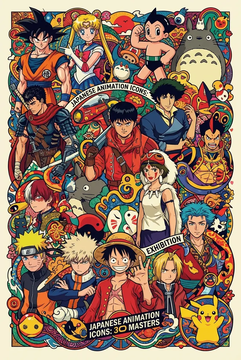 Exposición de los 30 Personajes de Anime más Icónicos: Diseño de Póster Plano Maximalista Salida