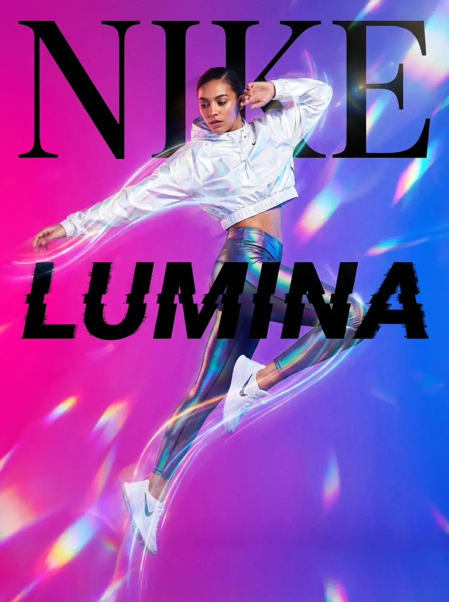 Nike Lumina: 하이퍼리얼 모델과 프리즘 그라데이션의 다이내믹 패션 광고 출력