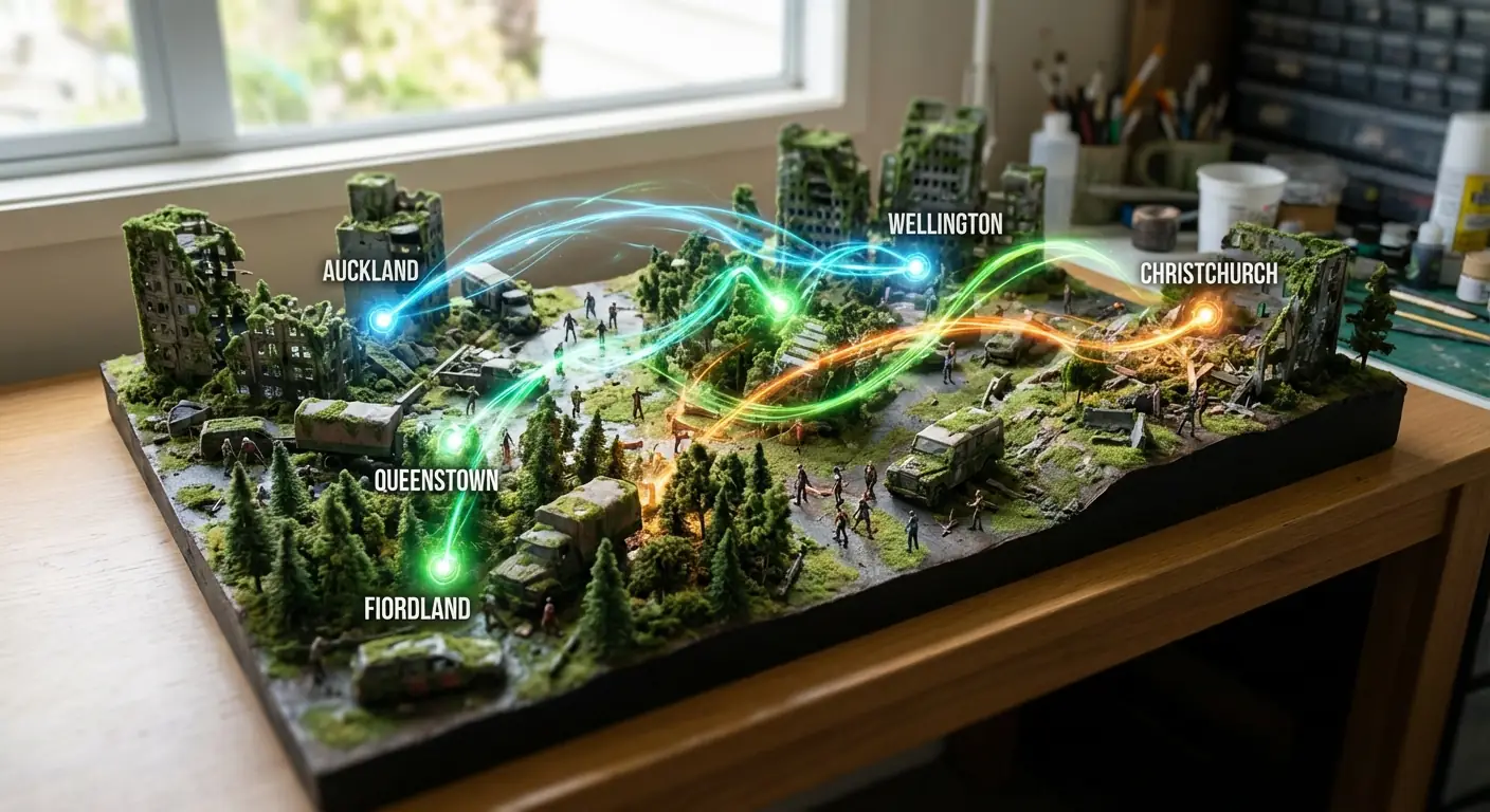 Diorama Post-Apocalíptico de New Zealand: Mapa Miniatura de Mesa con Conexiones de Rastro de Energía Brillante Salida