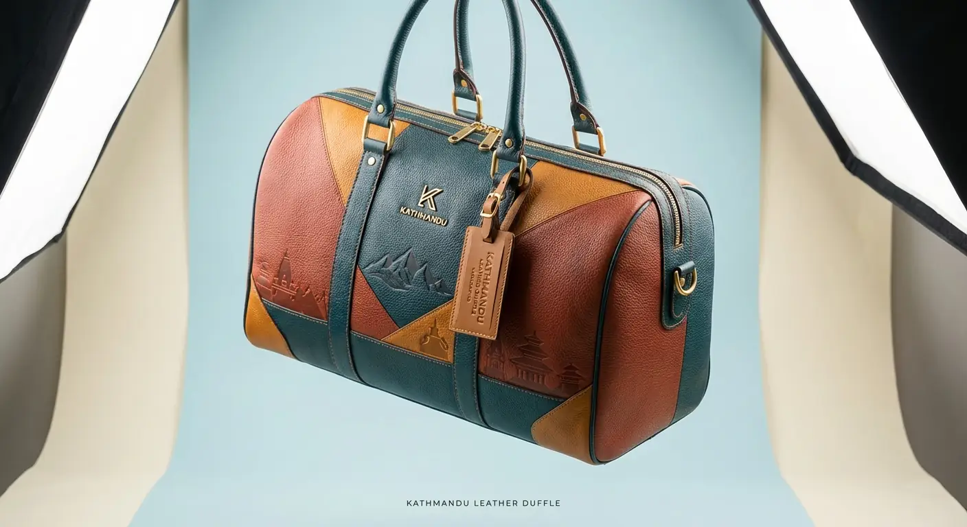 Duffle de Cuero KATHMANDU: Fotografía Editorial de Alta Gama en Estudio con Diseño No Convencional Salida
