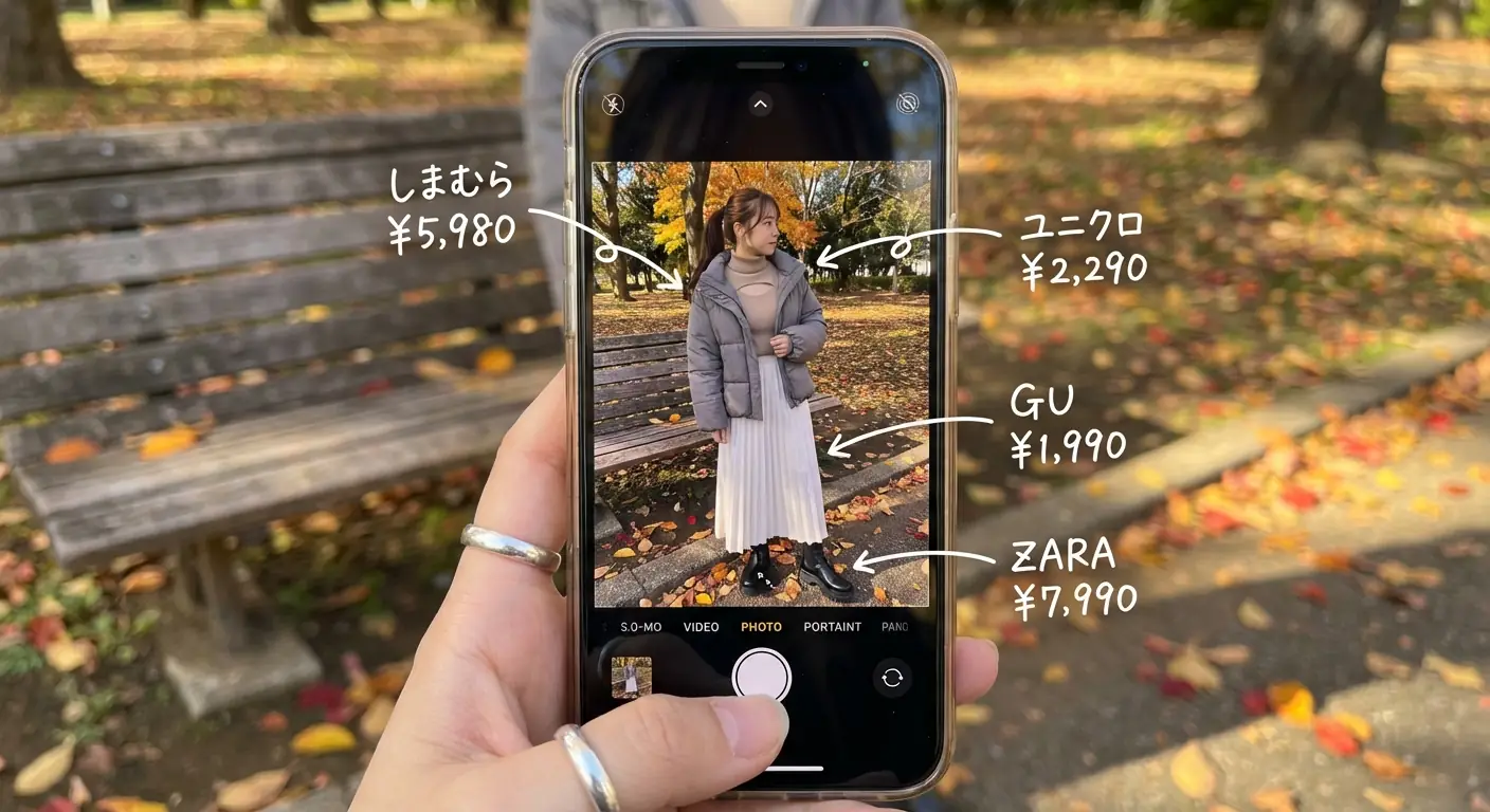 Anotación de Foto de Outfit de Moda: Pantalla de Teléfono en Primera Persona con Etiquetas de Marca y Precio Salida