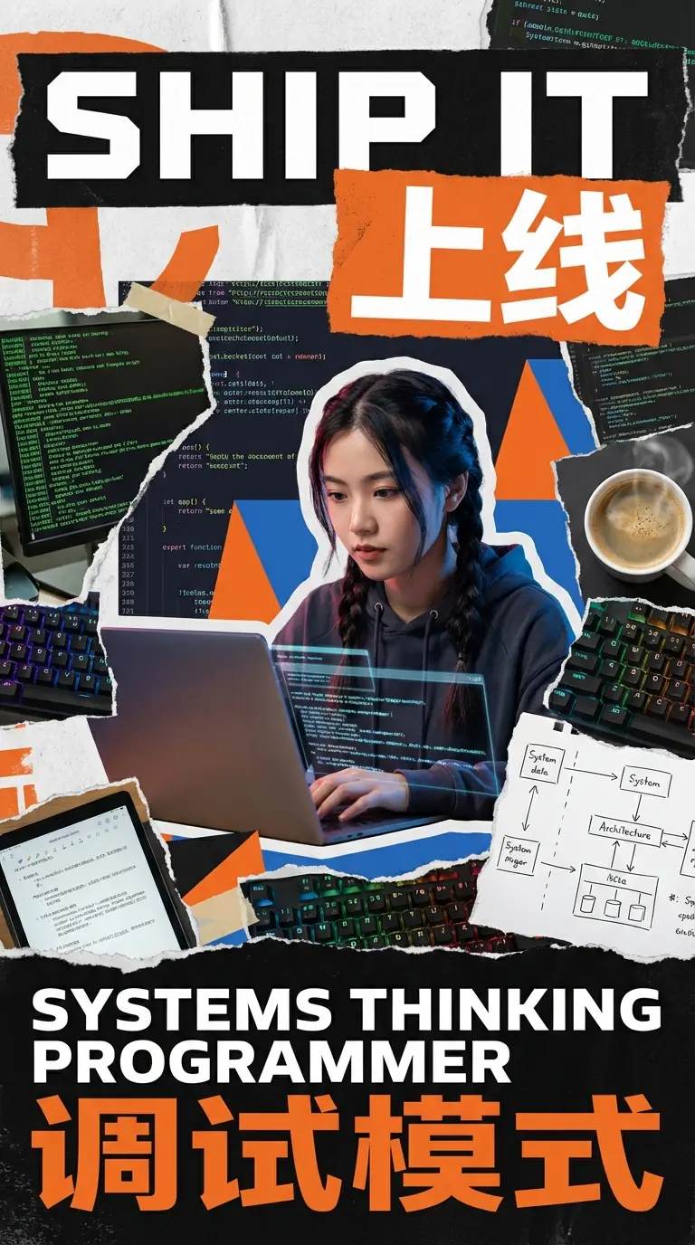 Collage de Revista para Desarrolladores de Software: ¡Lánzalo! Programador de Pensamiento Sistémico con Tipografía de Código Salida