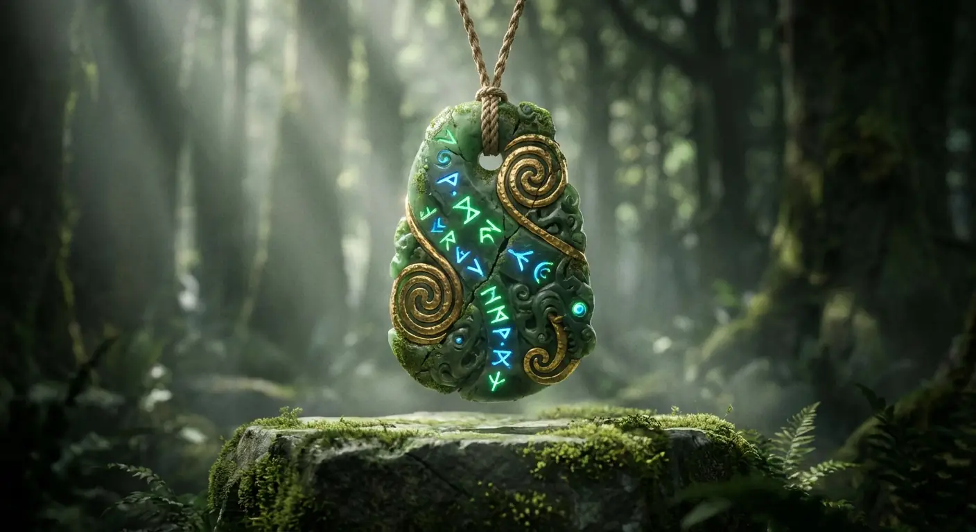 Maori Pounamu 펜던트: 전통 그린스톤 유물을 에픽 판타지 시네마틱으로 재해석 출력