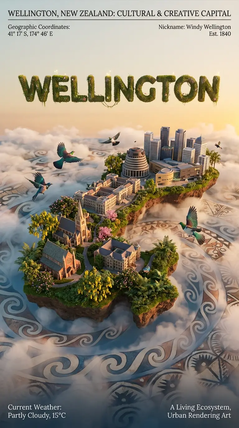 Isla Flotante de Wellington: Diorama de Ciudad en Miniatura 3D con Mar de Nubes Cultural y Tipografía Geográfica Salida