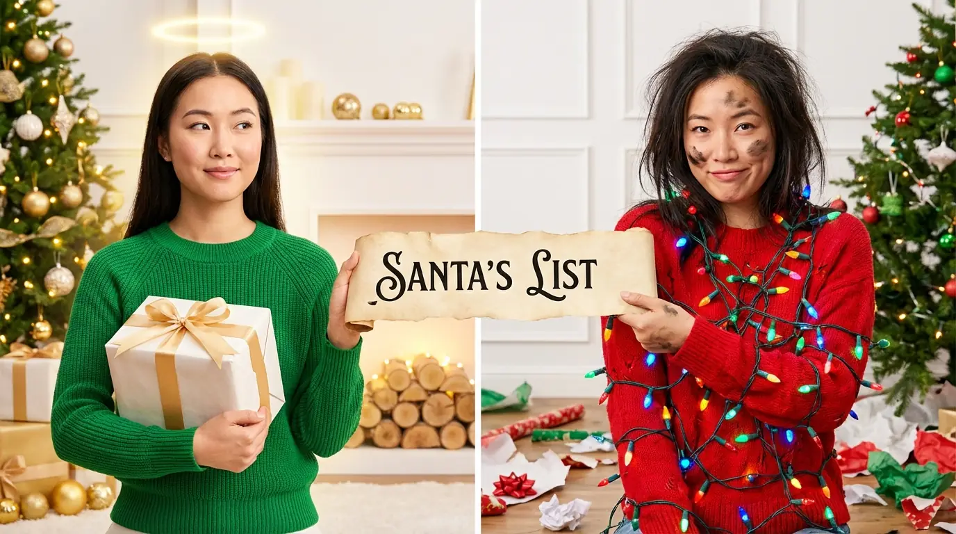 크리스마스 Naughty vs Nice: 인터랙티브 Santa 리스트가 있는 분할 화면 패션 딥틱 출력
