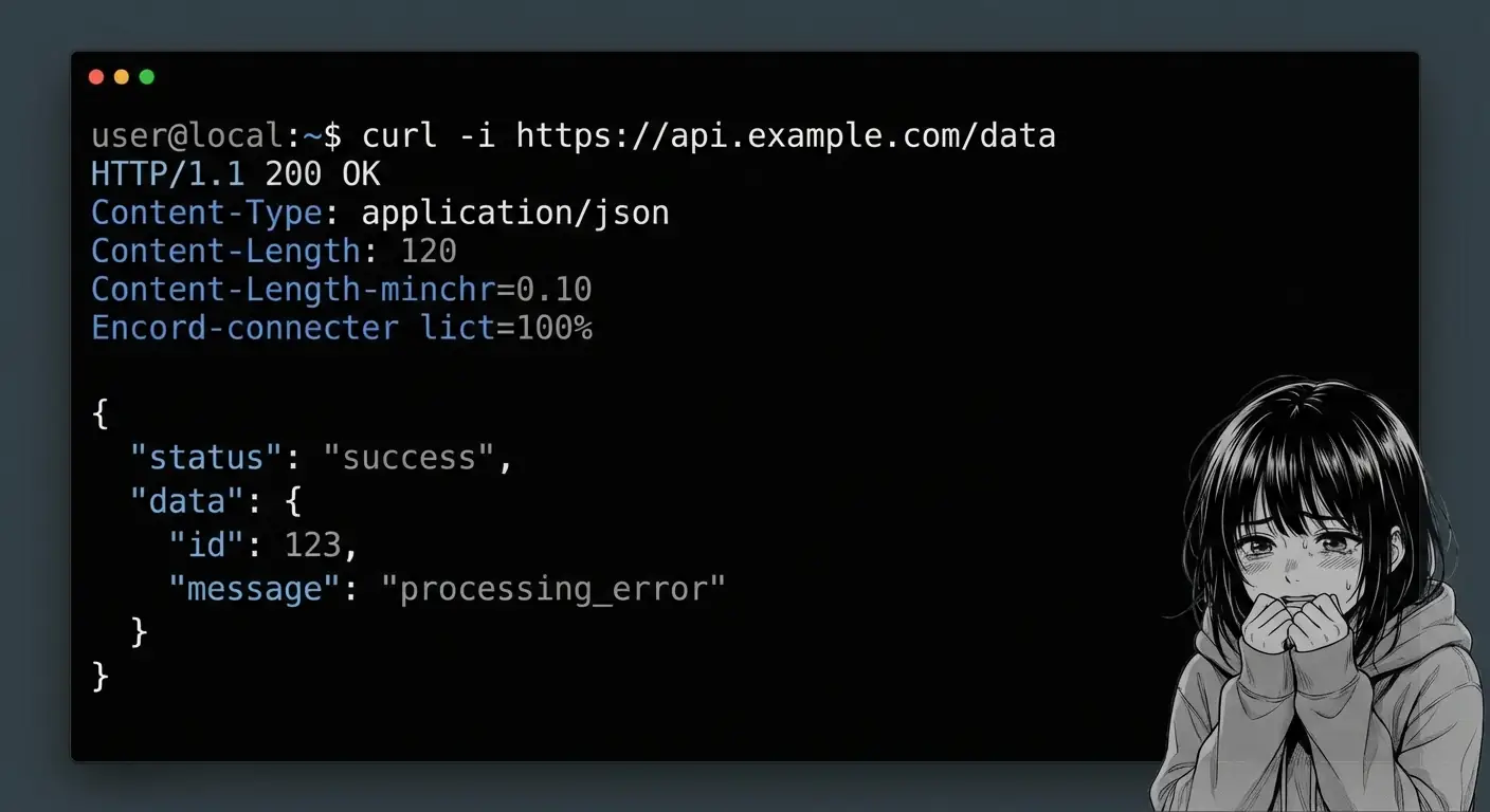 Código de Terminal con Superposición de Personaje Anime: Visualización Compuesta del Estrés del Desarrollador Salida
