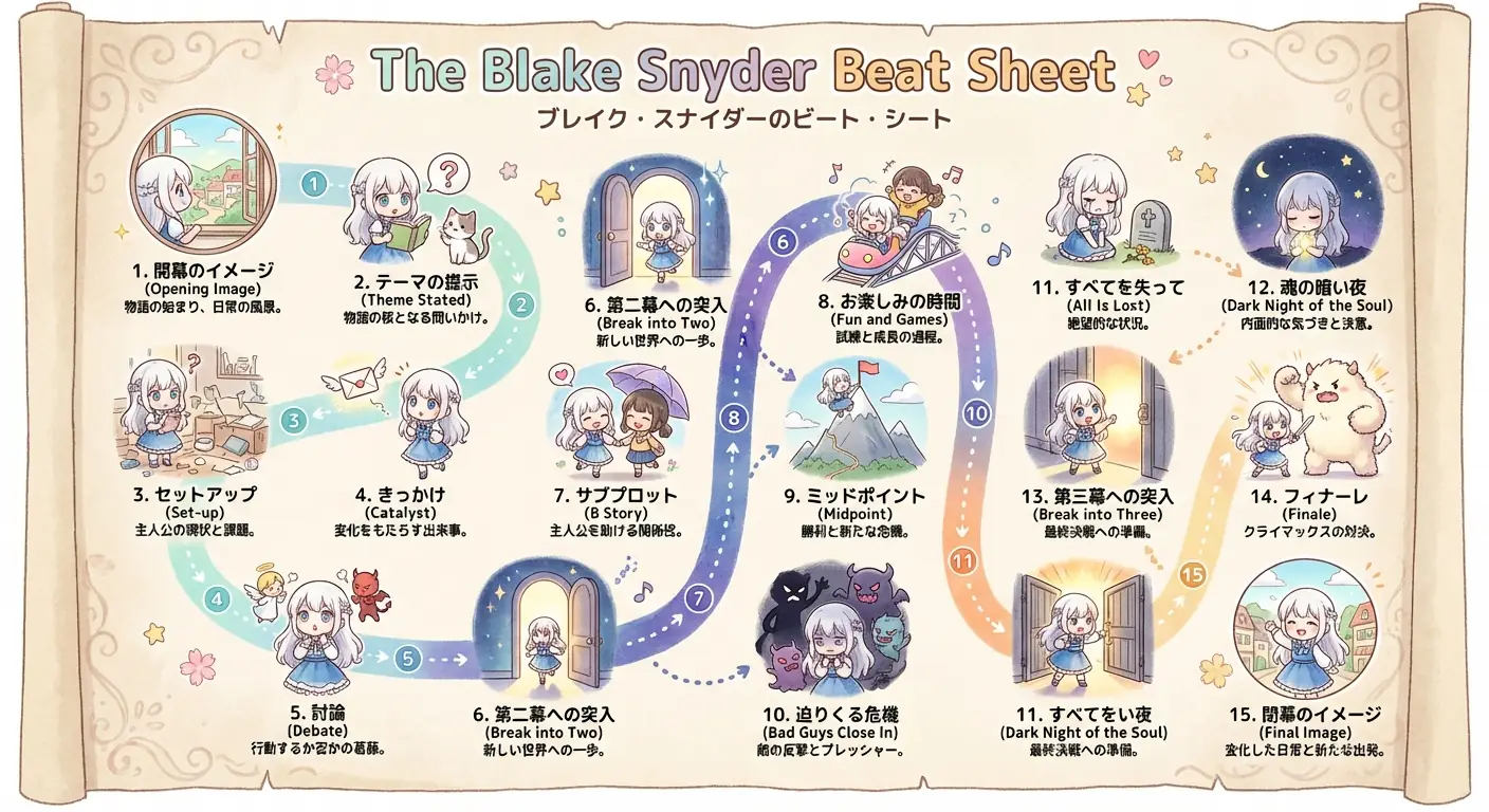 Blake Snyder Beat Sheet: Infografía Educativa Estilo Anime Chibi para Estructura Narrativa Salida