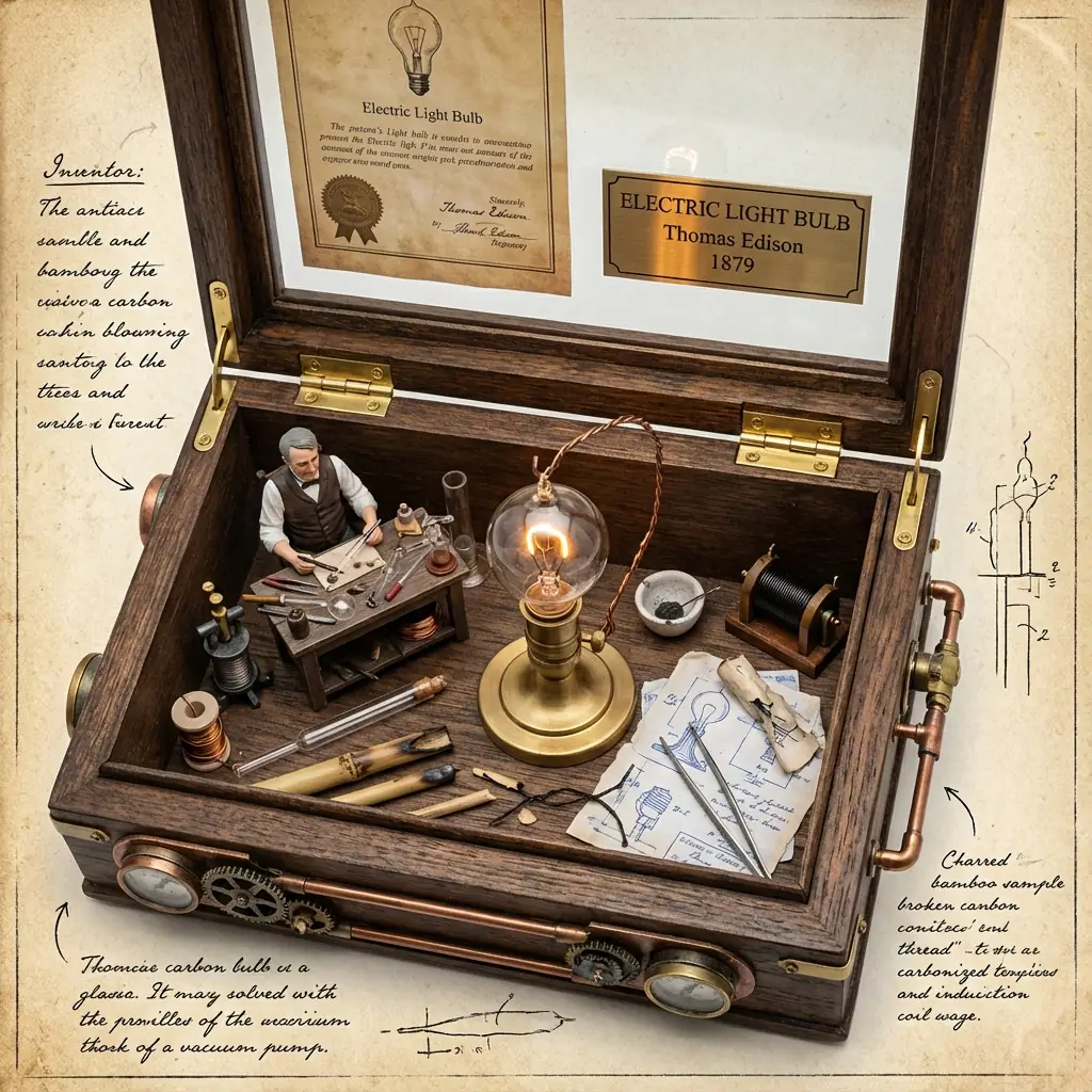 Caja de Invención de la Bombilla de Edison: Exhibición de Museo Steampunk con Prototipo y Herramientas Históricas Salida