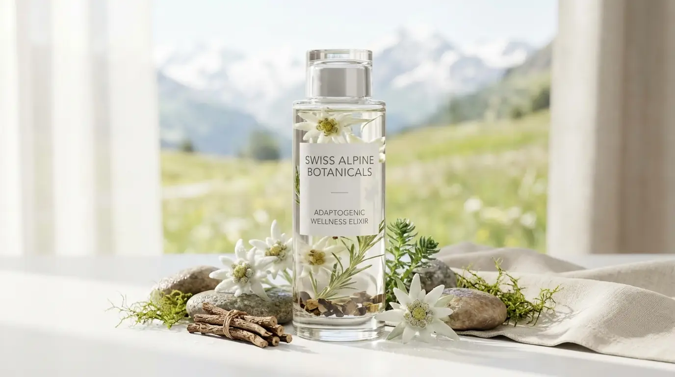 Fotografía de Producto Premium: Elixir de Bienestar Alpino Suizo Salida