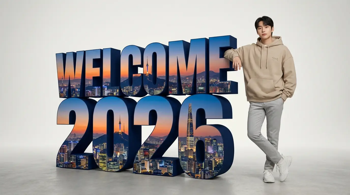 한국 Welcome 2026 3D 타이포그래피: 블록 문자 속 초현실 서울 시티스케이프 출력
