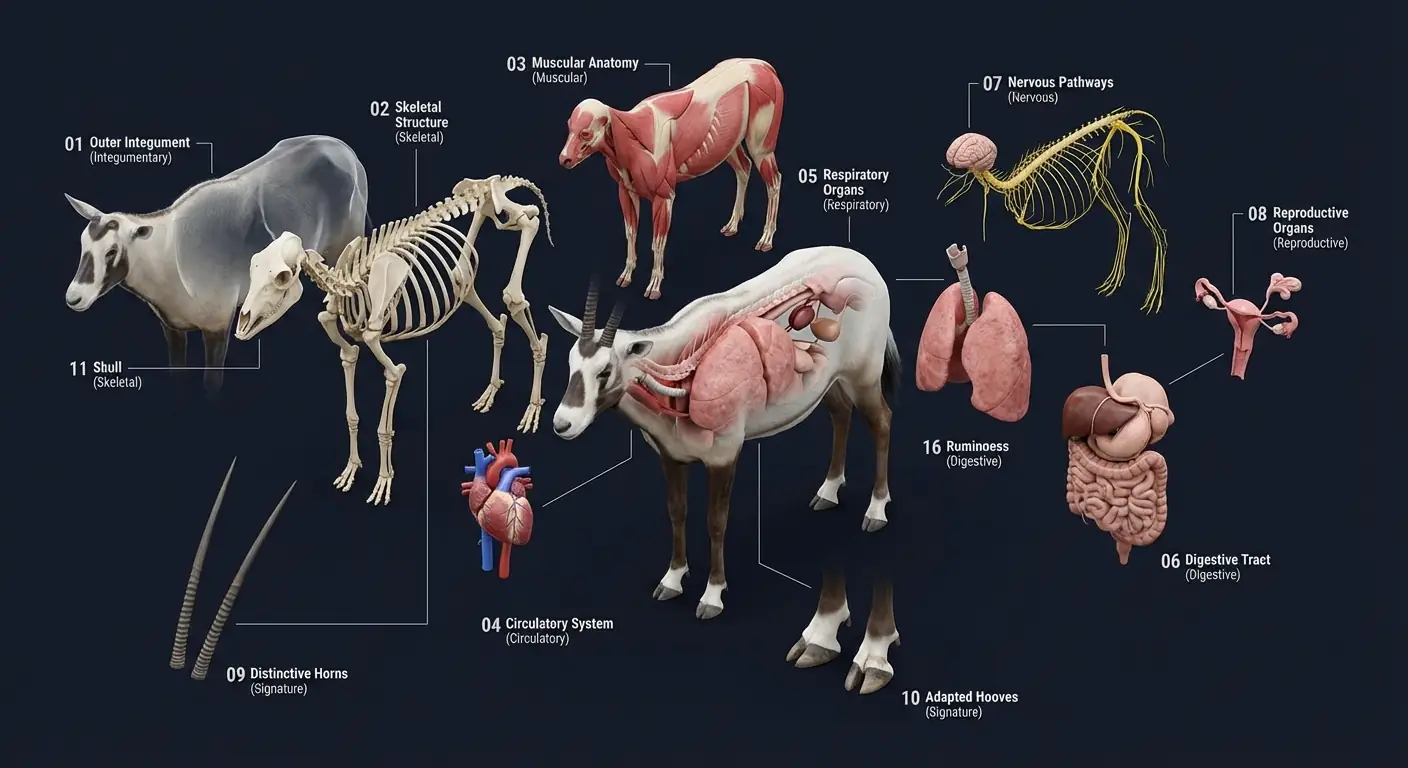 Vista Explosionada Anatómica del Arabian Oryx: Infografía Biológica por Capas con Detalle Científico Salida