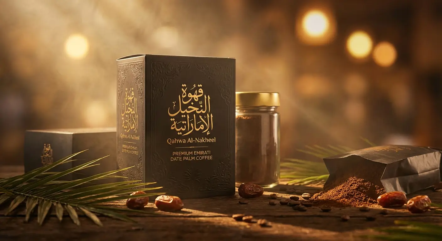 Empaque de Lujo Premium de Café con Dátiles de Palma Emiratí: Foto Comercial Hero con Caligrafía Árabe Salida