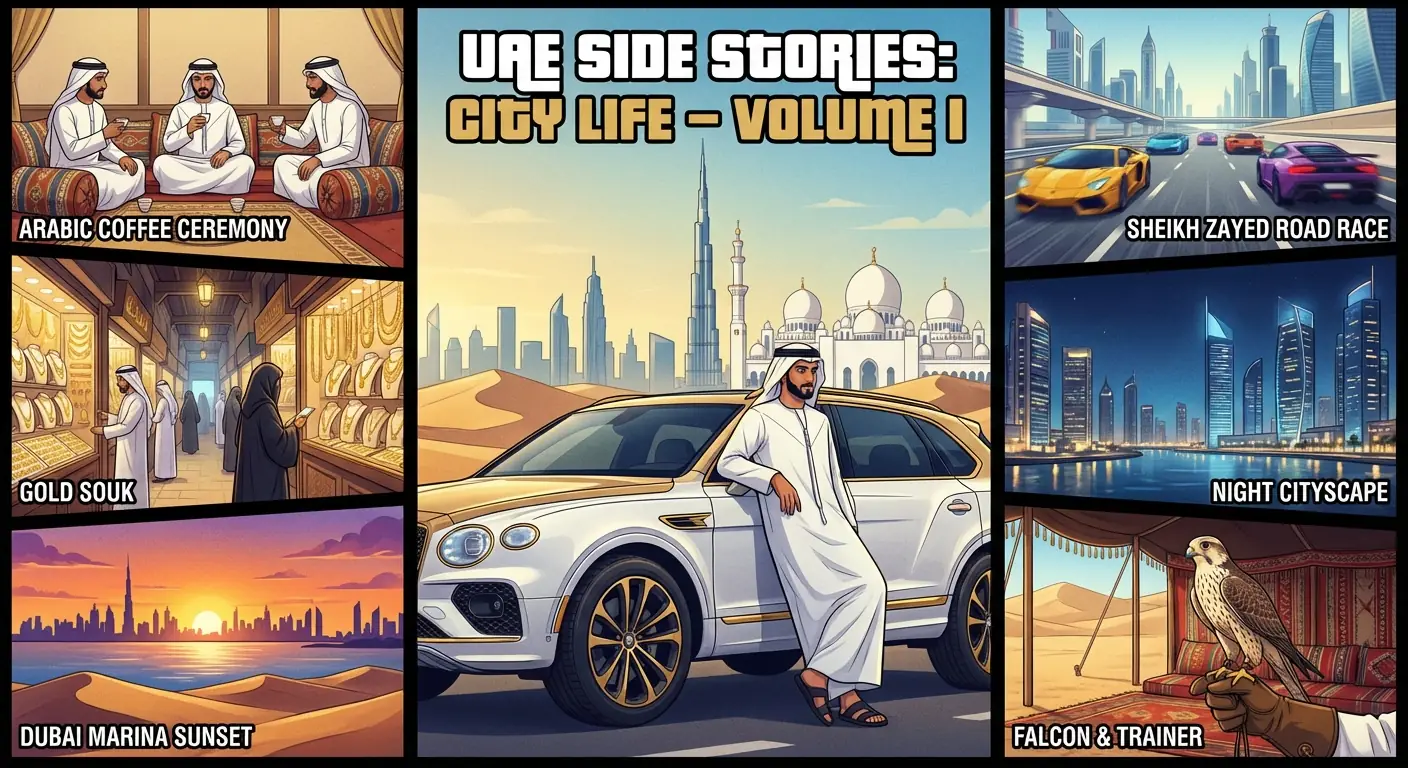 UAE 사이드 스토리: GTA V 스타일 애니메이션 코믹 그리드 포스터와 두바이 럭셔리 무드 출력