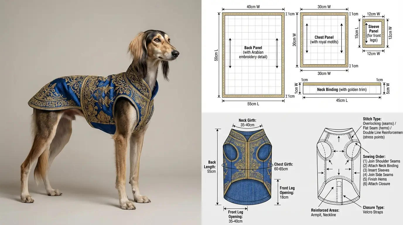 Especificación Técnica de Ropa para Mascotas Arabian Saluki: Ilustración de Confección de Patrones y Artesanía Salida