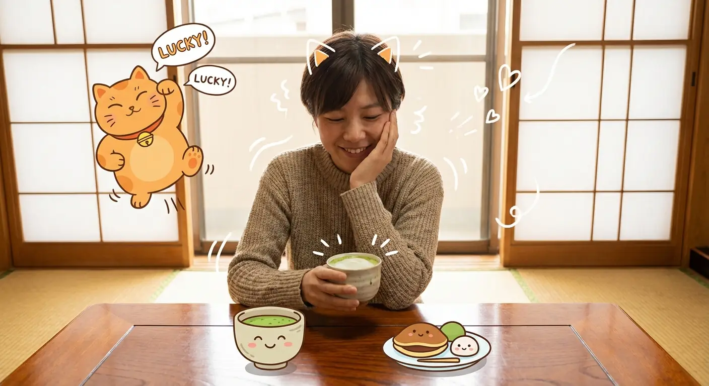 일본 말차 티 포트레이트와 카와이 손그림 카툰 두들 오버레이 출력