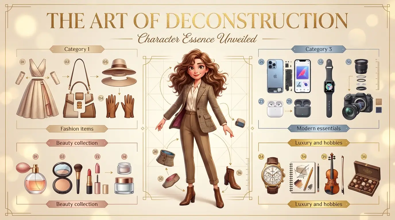 Póster de Arte de Deconstrucción de Personaje 3D Pixar/Disney: Disposición de Objetos Personales en Estilo Knolling Cinematográfico Salida