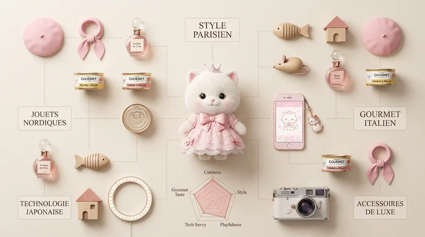 Fotografía Kawaii de Gatito Esponjoso 3D Knolling: Personaje de Gato Lindo en Disposición Plana con Gráfico Radar de Atributos Salida