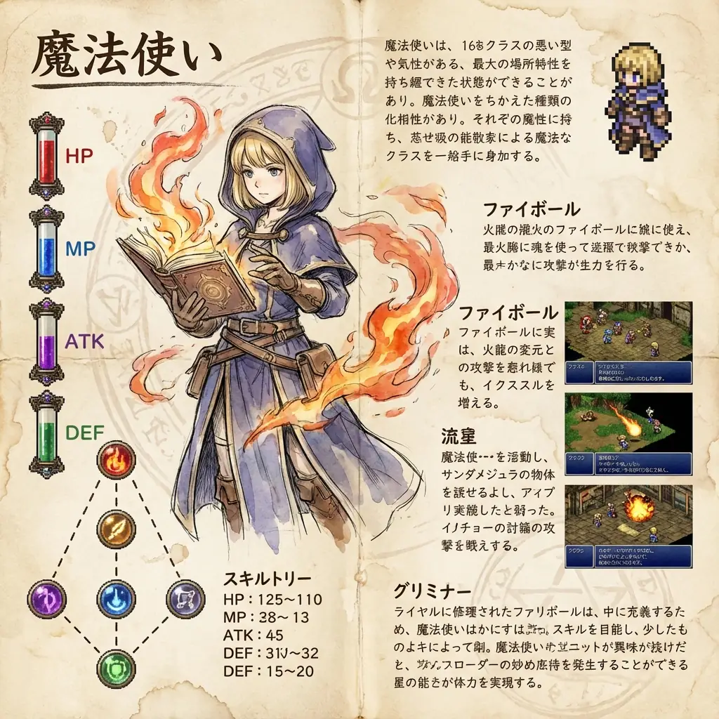 빈티지 JRPG 공략집 스타일: 캐릭터와 스킬 트리 디자인 출력