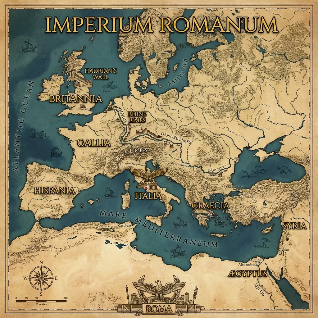 Diseño de Mapa Histórico: El Imperio Romano con Etiquetas Claras Salida