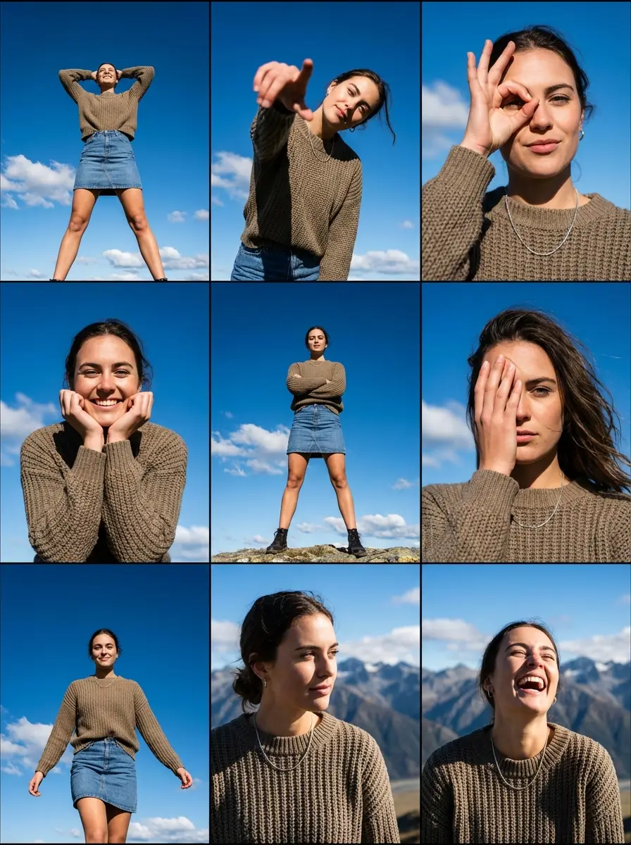 패션 룩북 그리드: 푸른 하늘 아래 모델의 9가지 역동적 포즈 출력