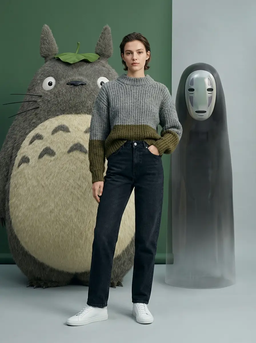 패션 에디토리얼 만남: 실제 모델과 Studio Ghibli 정령 출력