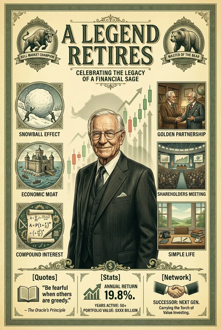 Una Leyenda se Retira: Diseño de Póster Infográfico Financiero Vintage Salida