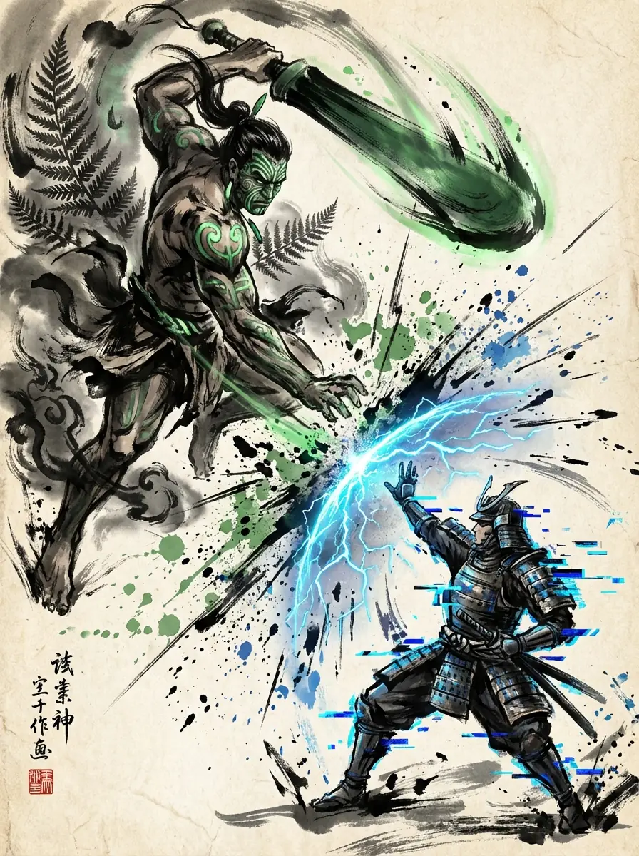 영혼의 충돌: 헤비 잉크 스타일 Maori Warrior vs Cyber-Samurai 출력