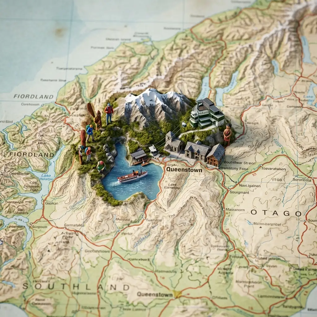 Diorama Geográfico 3D: Queenstown Emergiendo del Mapa de New Zealand Salida