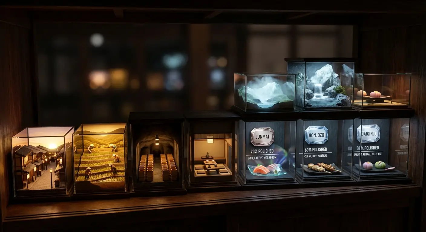 Visualización en Miniatura 3D de Cervecería de Sake Japonés con Siete Etapas Salida