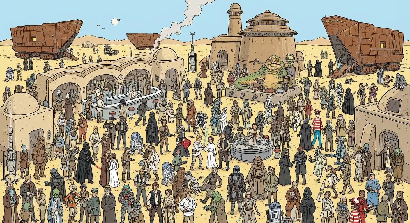 Tatooine의 Where's Waldo 스타일 Star Wars 캐릭터 장면 출력