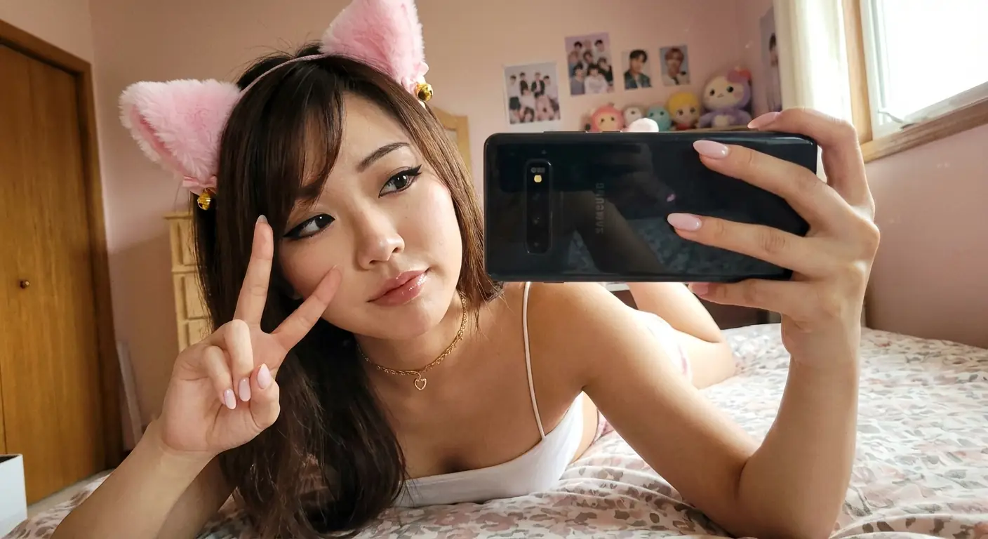 고양이 귀 헤드밴드를 한 카와이 네코미미 걸 셀피 포트레이트 출력