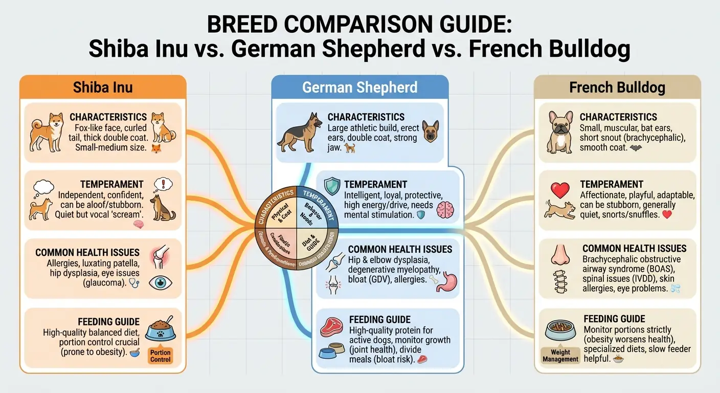 Infografía Comparativa: Características del Shiba Inu, Pastor Alemán y Bulldog Francés Salida