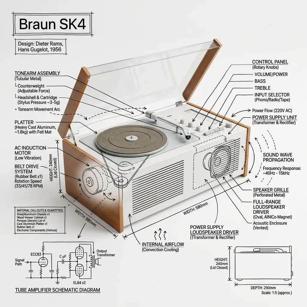 Estilo de Anotación Técnica: Análisis del Tocadiscos Vintage Braun SK4 Salida