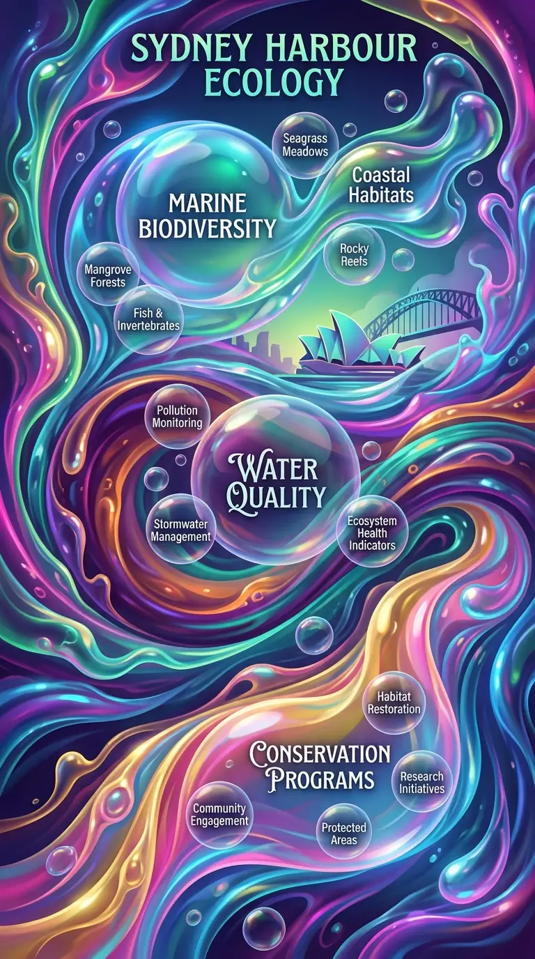 Sydney Harbour Ecology infographic, abstract fluid art