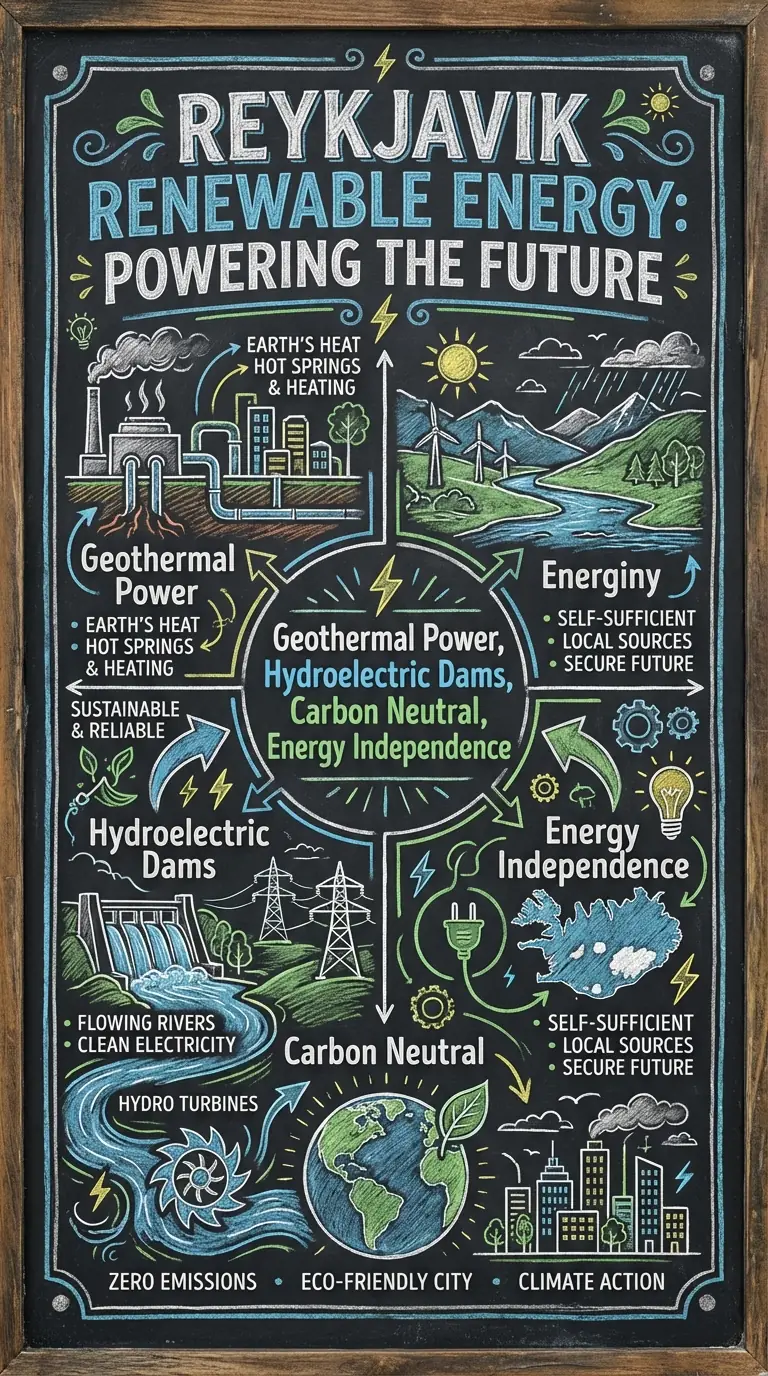 Reykjavik Renewable Energy infographic, highly detailed chalkboard hand-drawn style