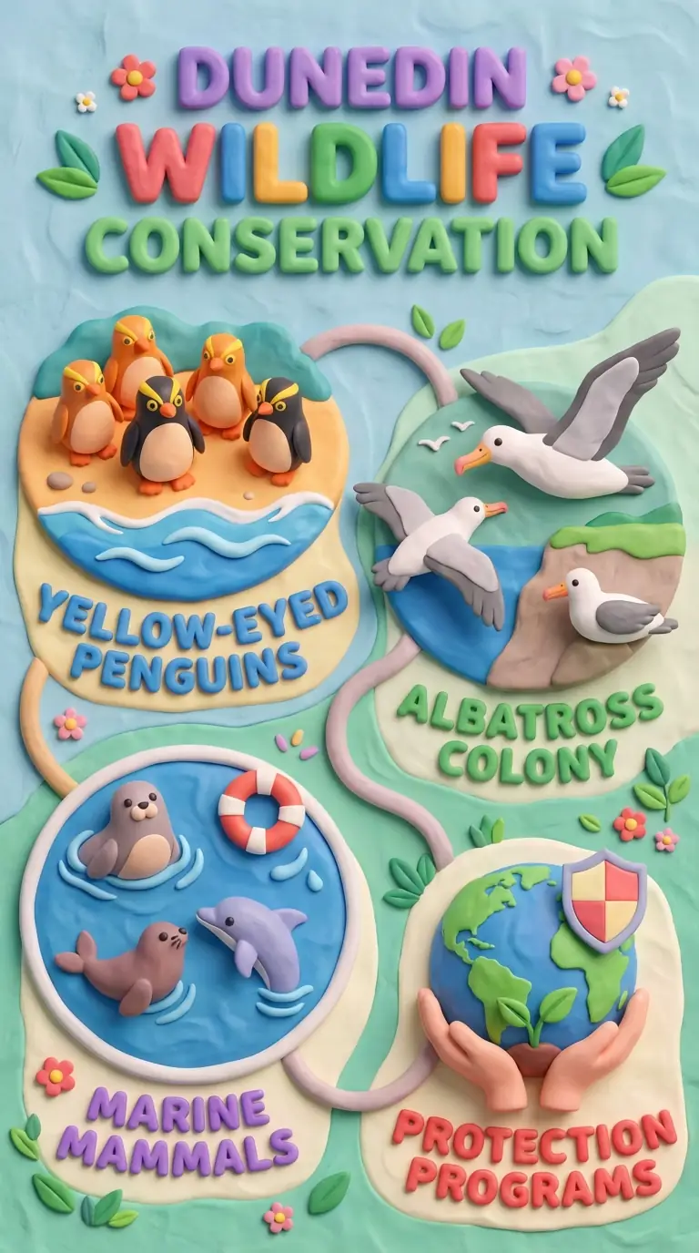 Dunedin Wildlife Conservation infographic, clay skeuomorphic style