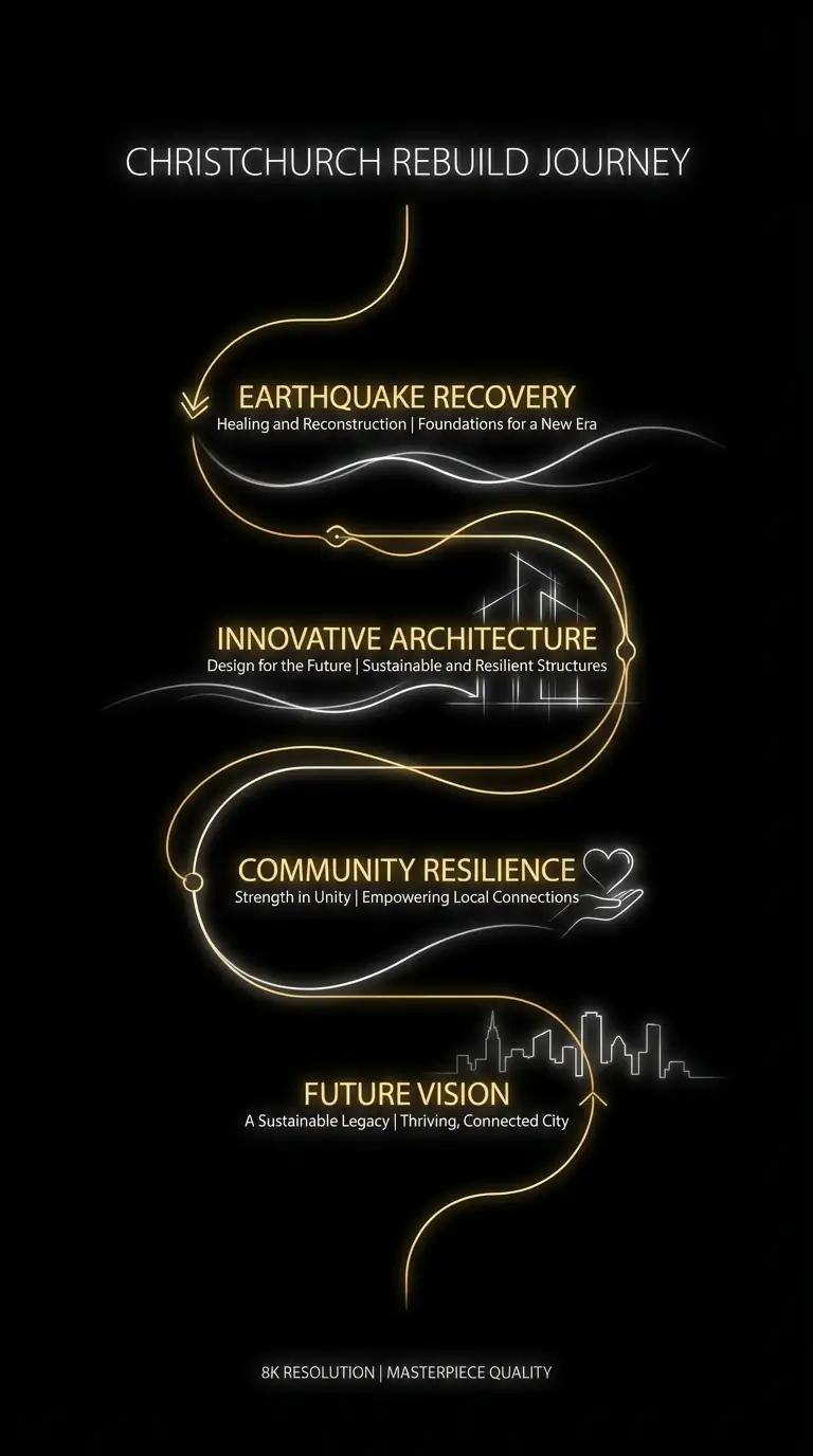 Christchurch Rebuild Journey infographic, minimalist dark mode