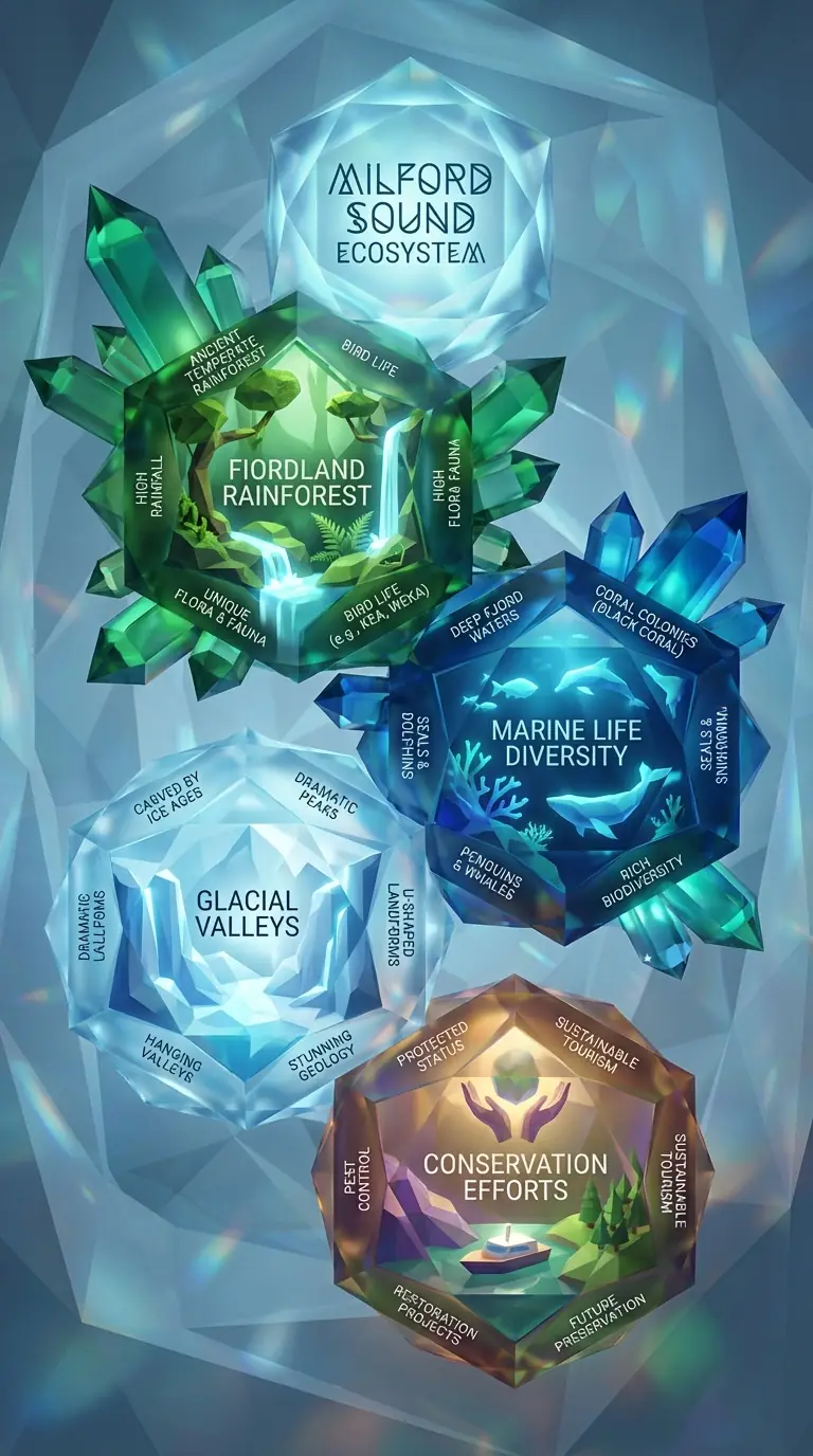 Milford Sound Ecosystem infographic, geometric crystal low-poly