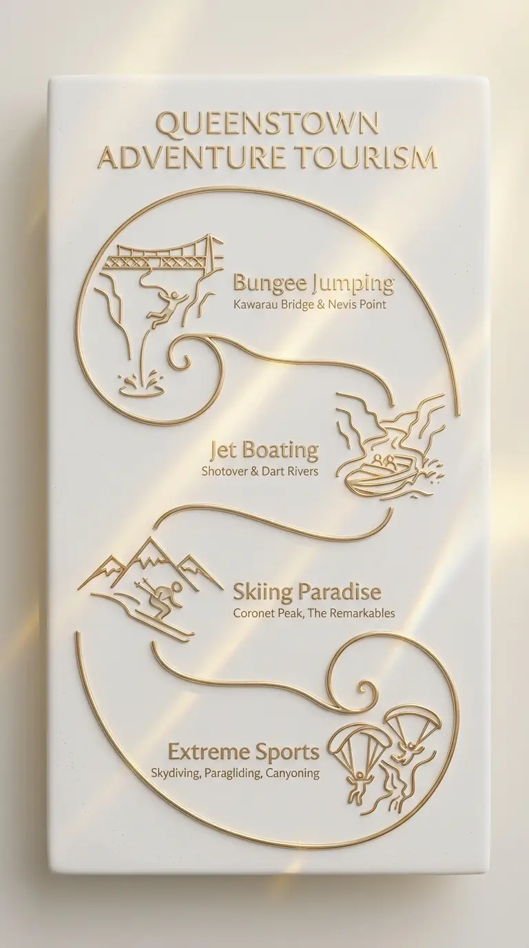 Queenstown Adventure Tourism infographic, minimalist infographic, matte white ceramic