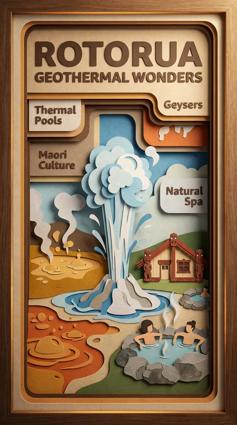 Rotorua Geothermal Wonders infographic, intricate paper-cut relief