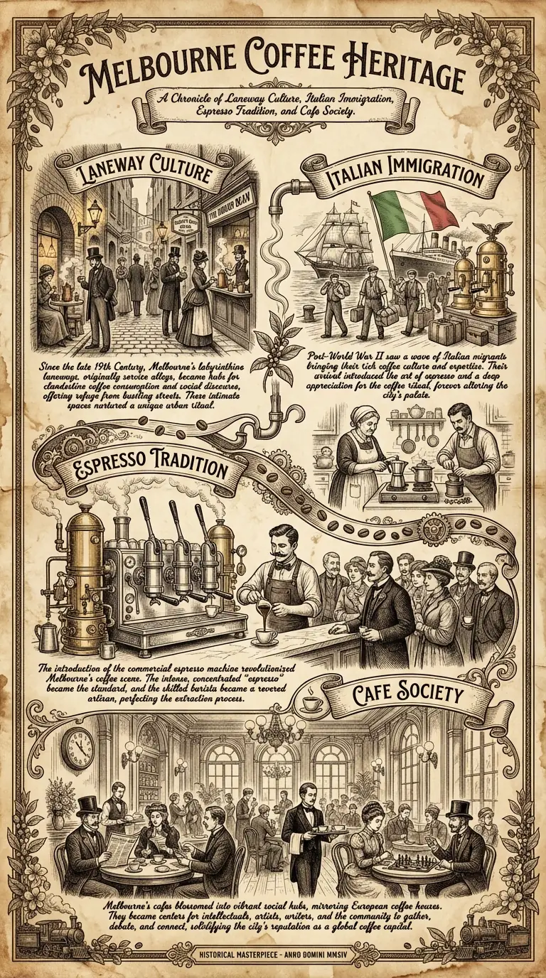 Melbourne Coffee Heritage infographic, Victorian-era vintage etching style