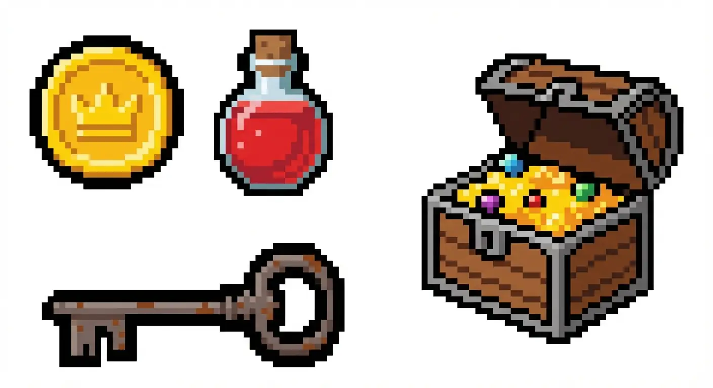 Pixel Art Item Drop Collection - 8bit Retro 게임 에셋 Gold Coin Potion Key Chest Separated Sprites