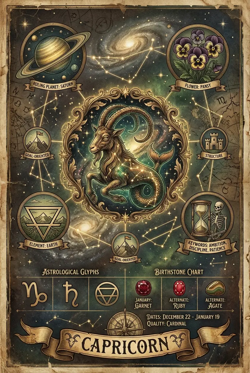 Vintage Celestial Capricorn Zodiac Poster - Earth Sign Sea-Goat with Saturn and Pansy Flower