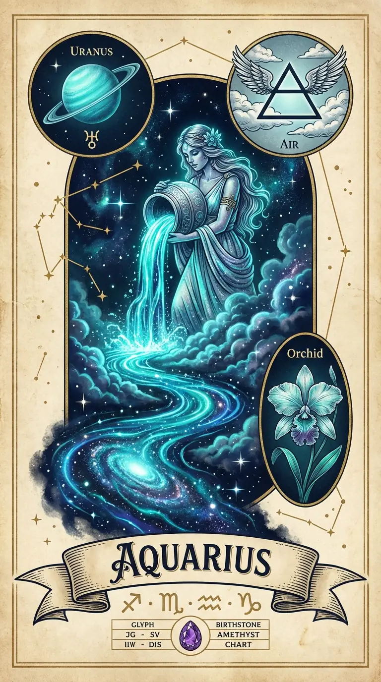 Vintage Celestial Aquarius Zodiac Poster - Air Sign Water Bearer with Uranus and Orchid Flower