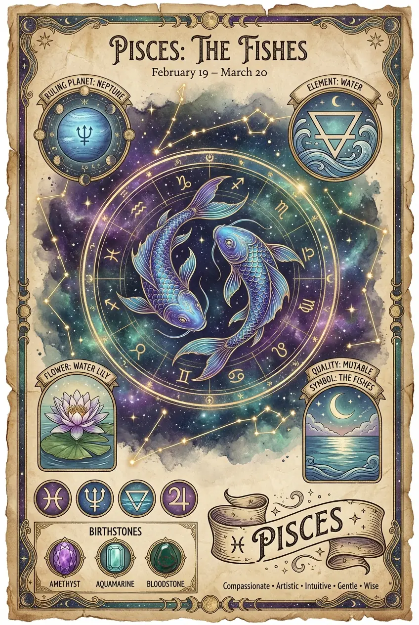 Vintage Celestial Pisces Zodiac Poster - Water Sign Two Fish with Neptune and Water Lily